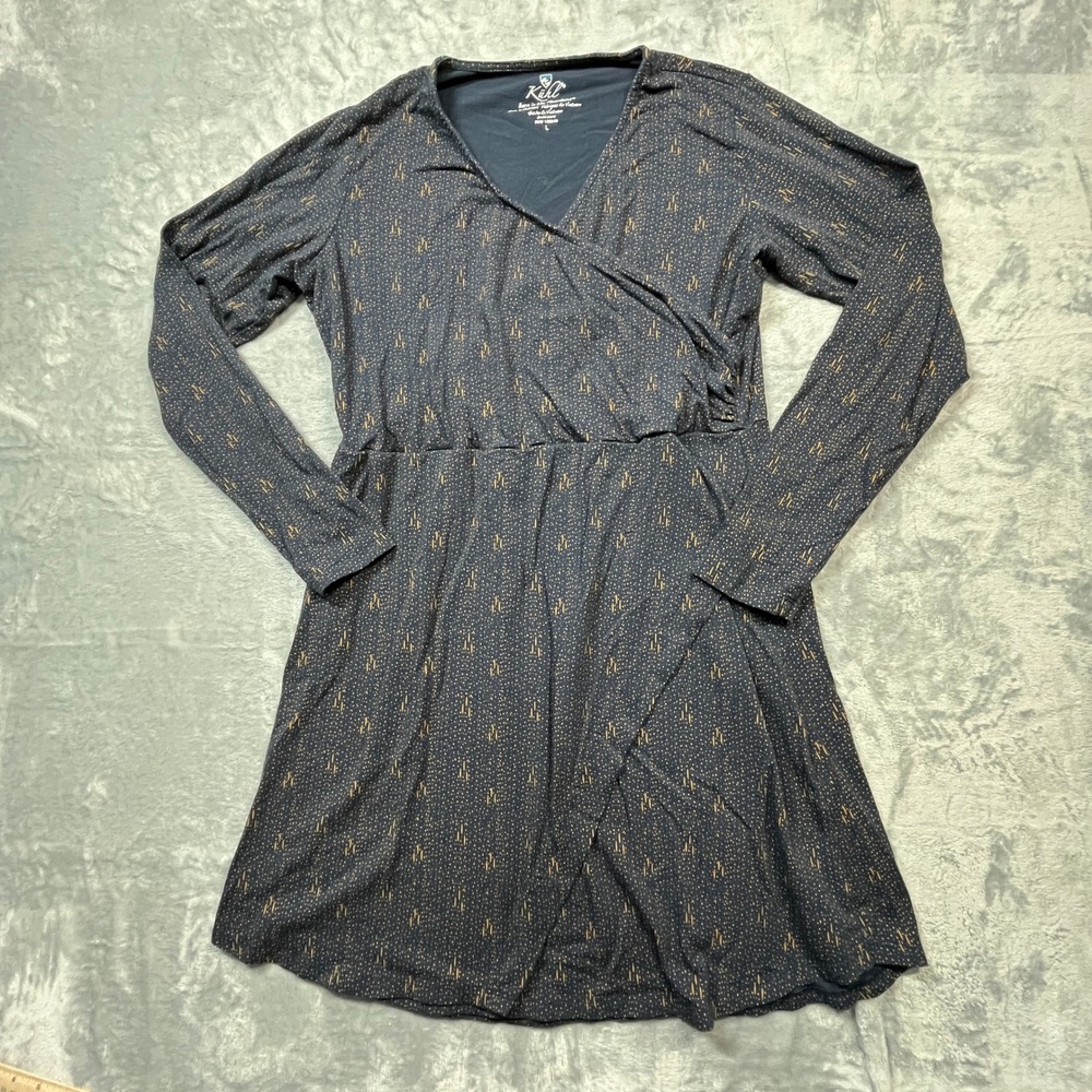 Kuhl Anya Wrap Dress Women Blue Gold Abstract Dot Long Sleeve Organic‎ Cotton L